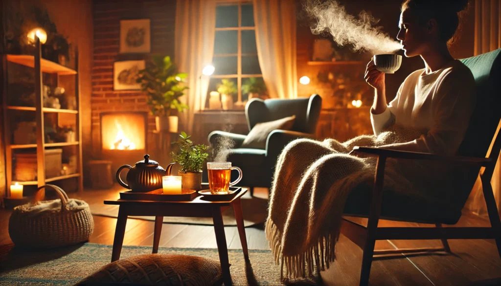 A cozy nighttime scene featuring a person sipping herbal tea in a warmly lit room. The relaxed setting, with a comfortable chair, blanket, and a steaming cup, highlights a calming pre-sleep ritual.