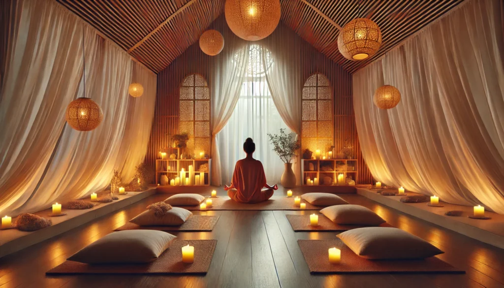 A serene indoor meditation space with soft candlelight and cushions, where a person is engaged in mindfulness meditation, enveloped in a peaceful and calming atmosphere.