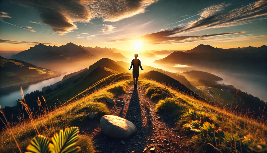 A scenic mountain-top at sunrise, where a person walks mindfully along a quiet trail, surrounded by fresh mountain air and breathtaking views, symbolizing mindfulness and anxiety relief.