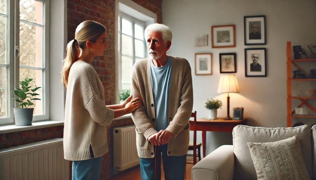 Confused senior man showing signs of dementia, with a caring family member offering support.