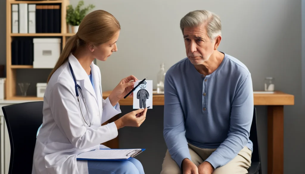 Elderly man taking a dementia screening test at a doctor's office, assessing memory and cognitive skills