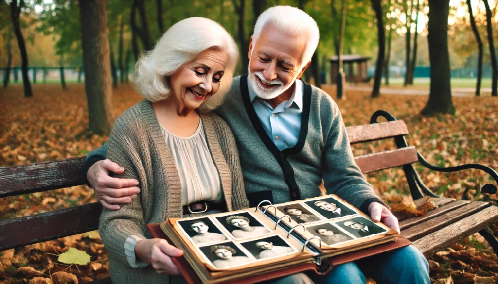 Senior couple looking at old photos; husband struggles to recognize faces, an early sign of memory decline