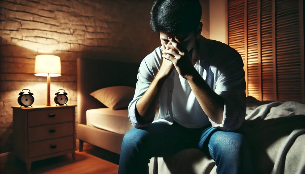 A person struggling with fatigue from sleep deprivation, sitting in a dimly lit bedroom with a tired expression. They appear mentally exhausted, rubbing their eyes or holding their head in their hands.