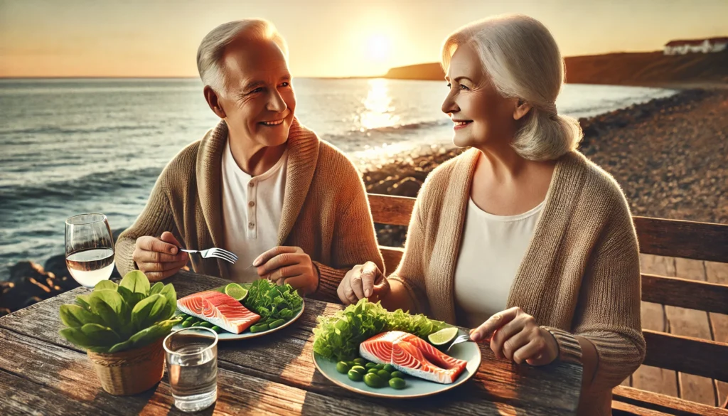 Fish oil and dementia – an elderly couple enjoying a meal with salmon and greens, representing the benefits of omega-3s for cognitive health