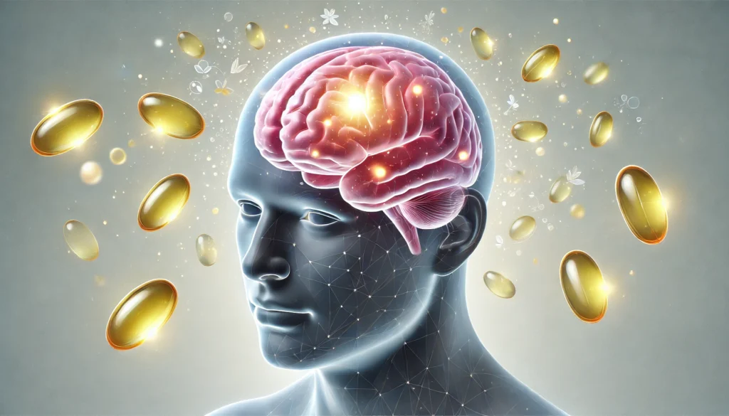 Fish oil and dementia – a medical illustration showing a brain enhanced by omega-3 fish oil capsules, symbolizing improved cognitive function