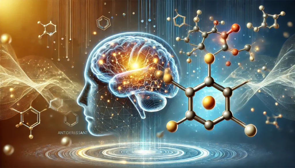 A futuristic 3D rendering of a human brain with glowing neural pathways, symbolizing cognitive enhancement. Floating molecular structures represent antidepressant compounds interacting with neurons, illustrating advancements in dementia treatment.