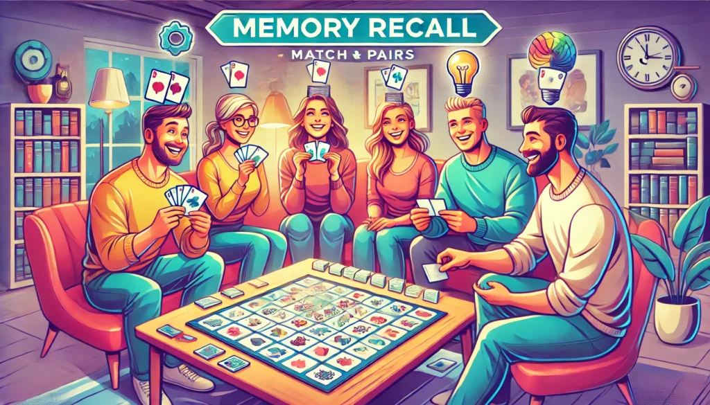 A group of people enjoying a memory recall board game, flipping over matching cards in a warm, social environment