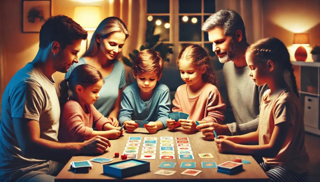 A cozy family game night scene where parents and children are playing a memory card game together, flipping cards to find matching pairs. This engaging image illustrates how to play memory game in a fun and social setting