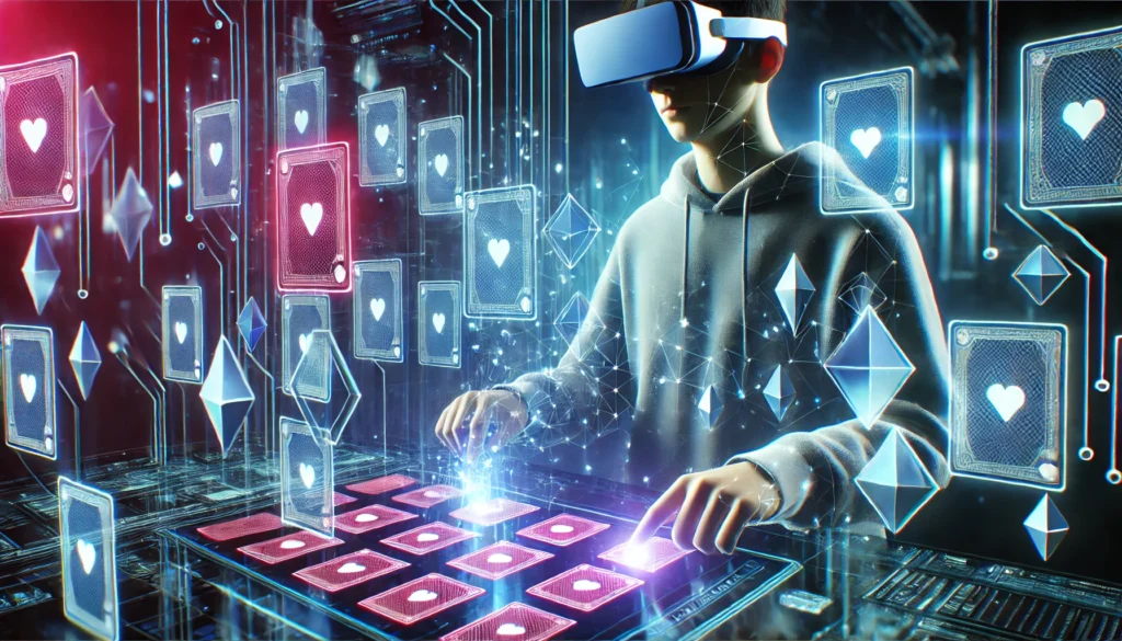 A futuristic virtual reality matching game where a player interacts with glowing cards in a high-tech holographic environment, showcasing innovation in matching games