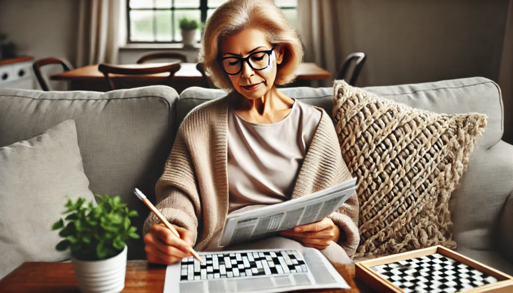 Elderly woman solving a crossword puzzle to enhance memory and prevent dementia