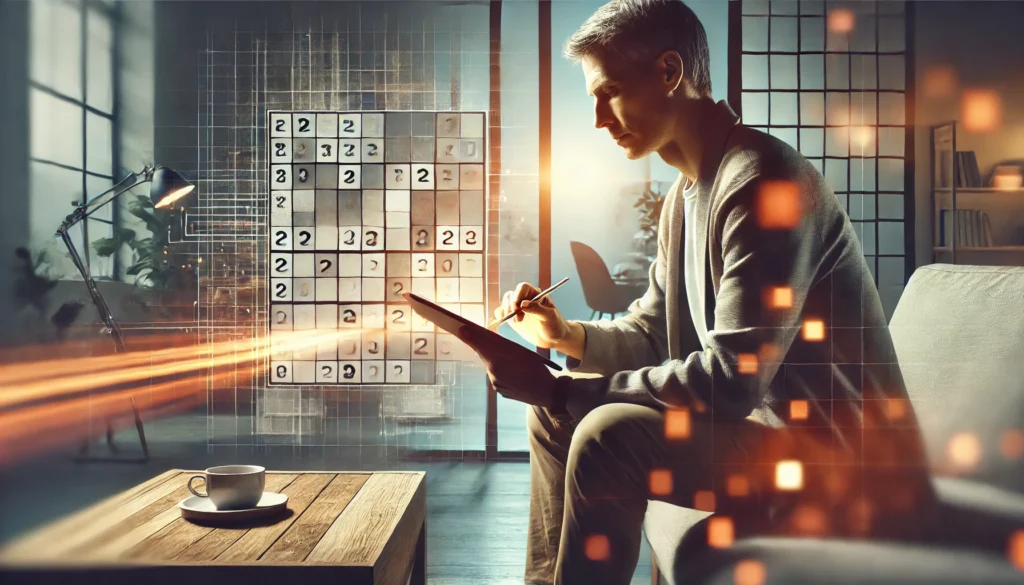 An adult deeply focused on solving a Sudoku puzzle on a tablet, demonstrating how good brain games for adults can enhance logical thinking and concentration