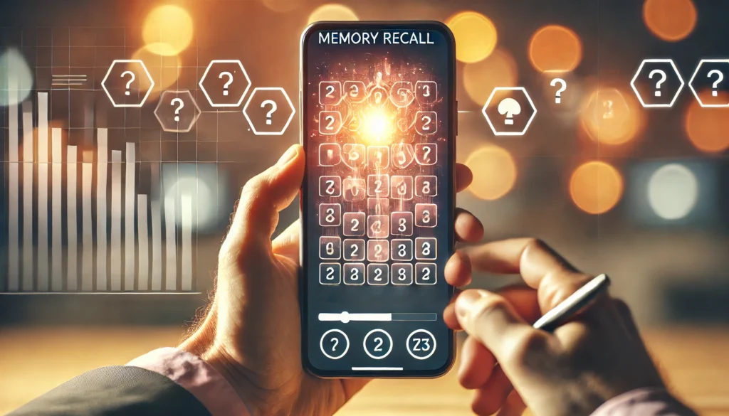 A person using a smartphone to play a memory recall puzzle game, focusing on an interactive brain challenge with numbers and symbols