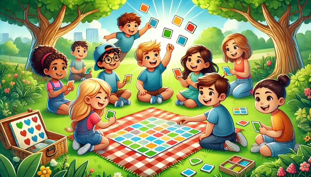 A group of children playing a matching game outdoors on a picnic blanket, emphasizing teamwork, cognitive development, and the joy of learning through matching games