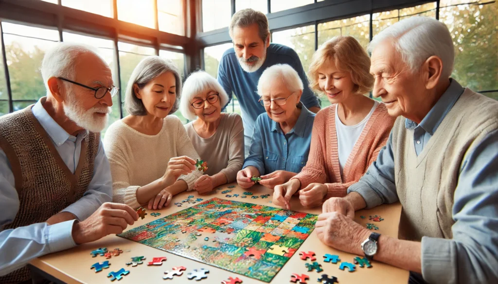 Seniors collaborating on a jigsaw puzzle as a brain exercise to prevent dementia