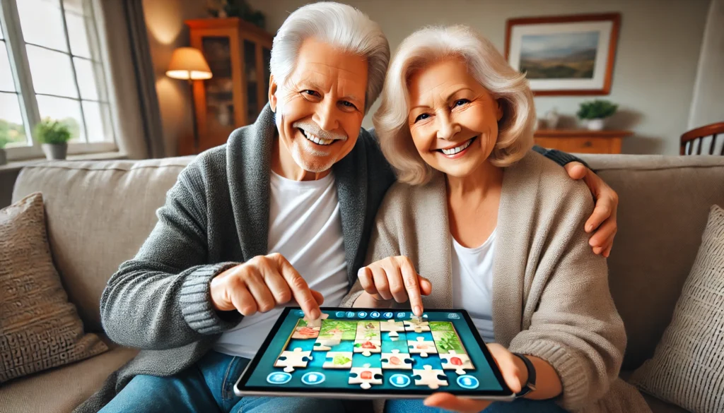 Happy elderly couple playing an online jigsaw puzzle together on a tablet, engaging in cognitive stimulation – free online games for seniors with dementia