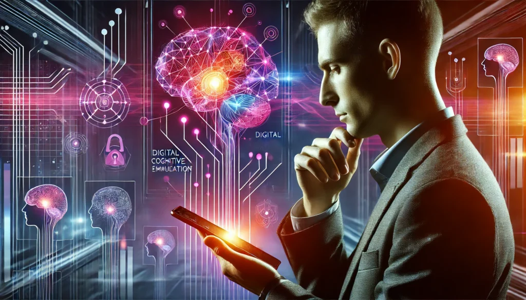 A futuristic scene showing an adult using a brain-training app, emphasizing the role of digital technology in good brain games for adults and cognitive enhancement