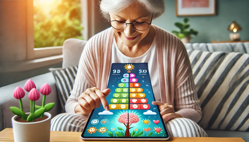 An elderly individual playing a memory recall game on a tablet, enjoying a brain-training activity in a peaceful home setting