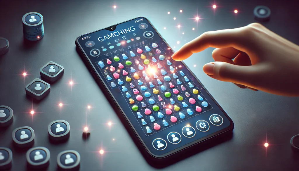 A sleek and modern smartphone screen displaying a colorful matching game interface, highlighting the digital evolution and accessibility of matching games on mobile platforms