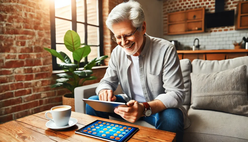 Elderly man playing a digital brain game on a tablet to boost cognitive function and prevent dementia