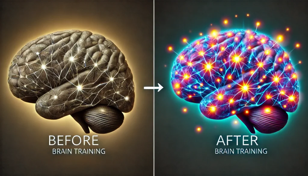 Do brain games work? A visual representation comparing an inactive brain with minimal connections to an active brain with enhanced neural networks