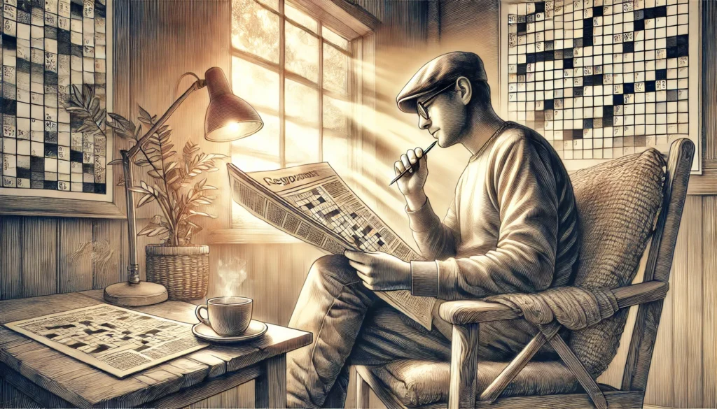 A relaxed setting where an adult is solving a crossword puzzle, showcasing how good brain games for adults can boost memory, language skills, and mental agility