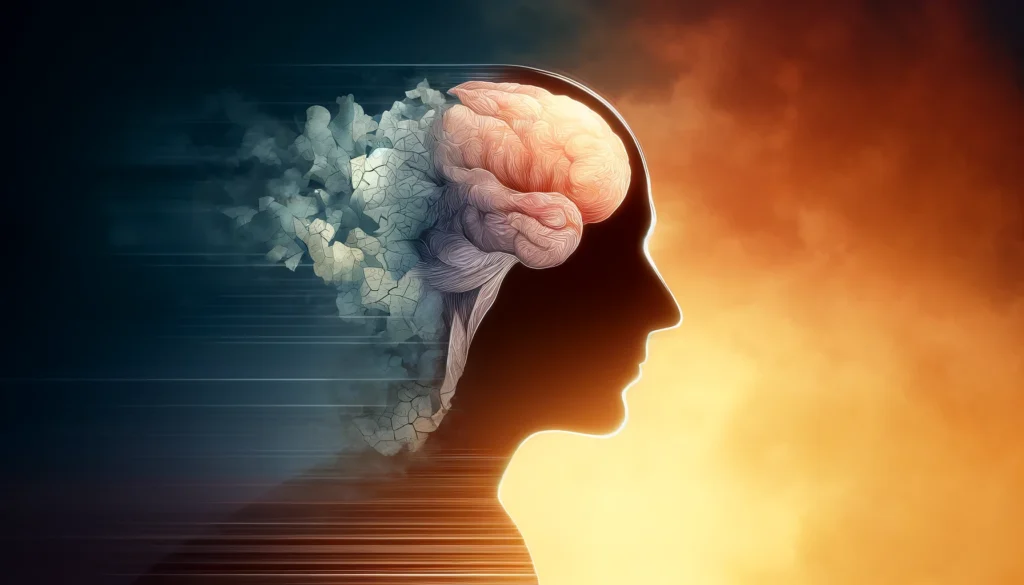 Dementia graphic showing the stages of cognitive decline through a human silhouette with a fragmented brain, transitioning from structured to disorganized over time.