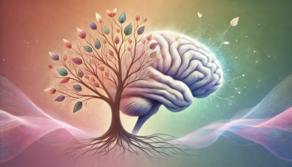 Dementia graphic featuring a symbolic tree with fading leaves connected to neural pathways, representing memory loss and the complexity of dementia awareness.