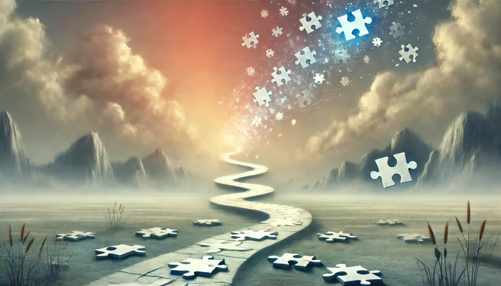 Dementia graphic depicting a surreal landscape with a fragmented, winding path and floating puzzle pieces, symbolizing memory loss and cognitive decline