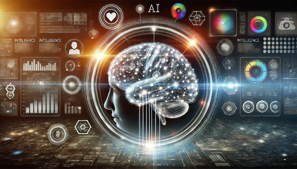 AI-enhanced human brain with digital holographic elements, representing intelligence improvement through brain training apps