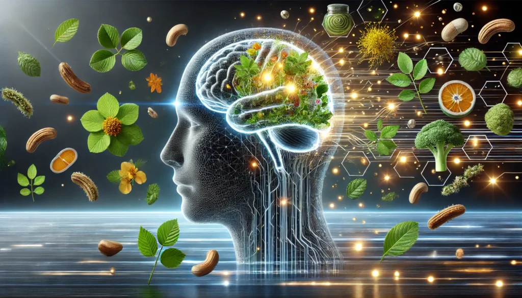 A conceptual image illustrating the effects of herbal supplements on brain function, featuring a glowing human brain with activated neural connections surrounded by floating herbs like Ginkgo Biloba, Rhodiola Rosea, and Bacopa Monnieri.