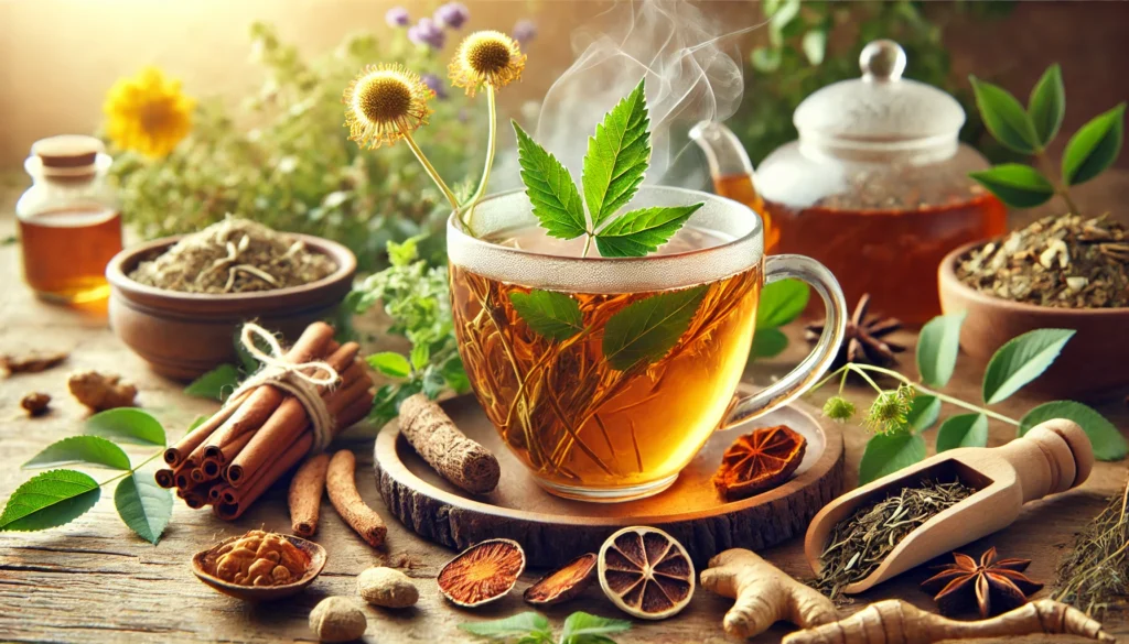 A visually appealing image of herbal tea infused with energy-boosting herbs such as Ginseng, Rhodiola Rosea, and Maca Root, steaming in a glass cup and surrounded by fresh herbal leaves and roots, emphasizing relaxation and revitalization.