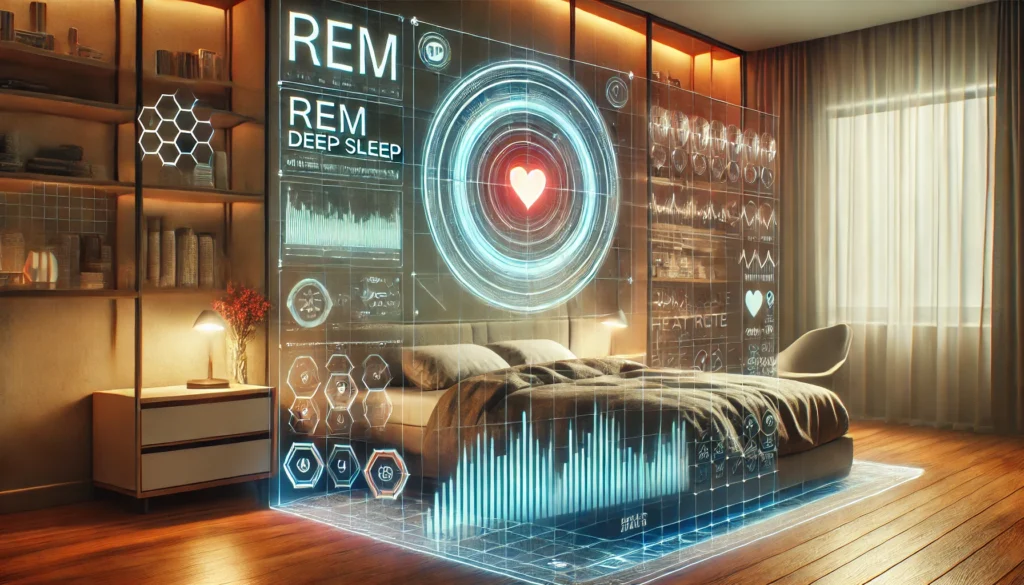 A futuristic concept of sleep analysis using biometric data, with a holographic projection of sleep cycle analytics hovering above a bedside table in a tech-integrated bedroom. The display shows REM, deep sleep, and heart rate data in a visually appealing and high-tech manner.