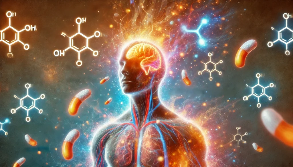 An artistic digital illustration representing hormonal fluctuations caused by sleep deprivation. The human body is portrayed with glowing cortisol and adrenaline symbols floating around, symbolizing stress response and imbalance. The mix of warm and cool tones highlights the physiological effects of sleep loss.