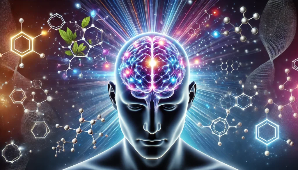 A futuristic scientific visualization of a glowing human brain with neural connections highlighted by light pulses, symbolizing cognitive enhancement. Surrounding the brain are abstract representations of key nutrients and compounds found in nootropic gummies, such as molecular structures and herbal elements, set in a blue and purple high-tech atmosphere. No text or labels are present.