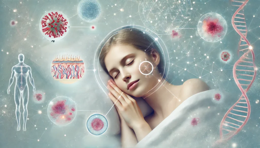 A visualization of the skin's repair process during sleep, featuring a peaceful sleeping woman with glowing skin, surrounded by abstract representations of collagen production, increased blood flow, and cellular regeneration. The dreamy aesthetic and soft lighting emphasize the rejuvenating effects of sleep.