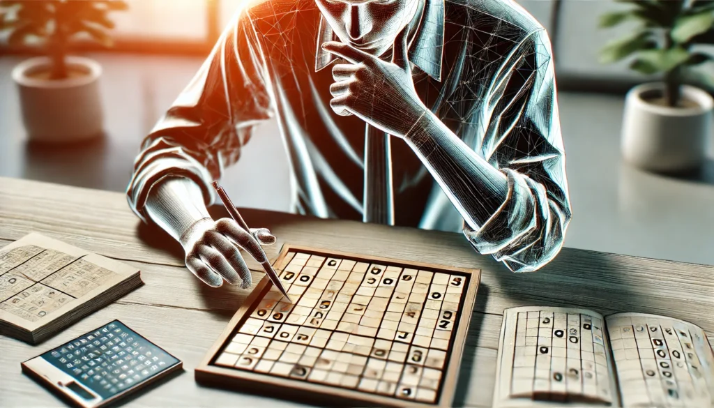 A person solving a Sudoku puzzle, deeply engaged in logical reasoning and pattern recognition—essential cognitive skills in games that boost IQ