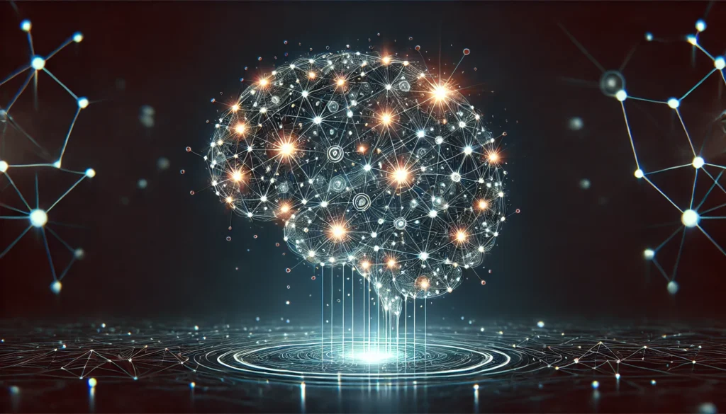 A futuristic digital brain with interconnected nodes, illustrating strengthened neural pathways for effective memory practice and recall