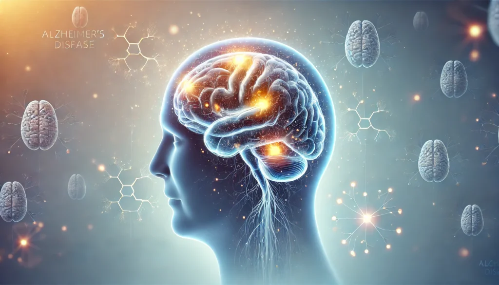 Medical illustration of the human brain highlighting areas affected by Alzheimer's disease, showing neural connections and plaques associated with cognitive decline.