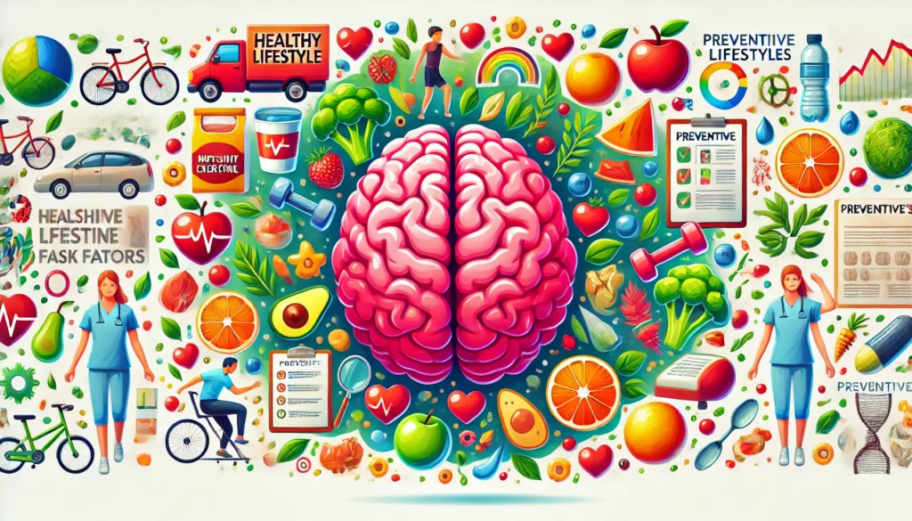 Illustration of a brain surrounded by floating elements representing healthy lifestyle choices such as nutritious food, physical exercise, and mental activities, showcasing preventive measures against Alzheimer's disease.