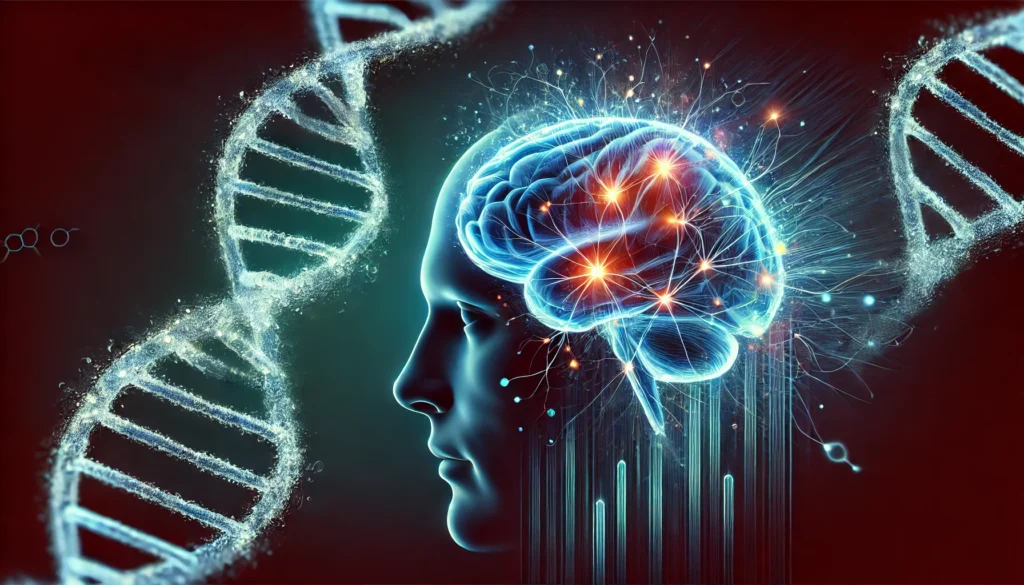 Artistic depiction of the genetic influence on Alzheimer's disease, featuring a DNA strand blending into a human brain with illuminated neural pathways, emphasizing the connection between genetics and cognitive health.