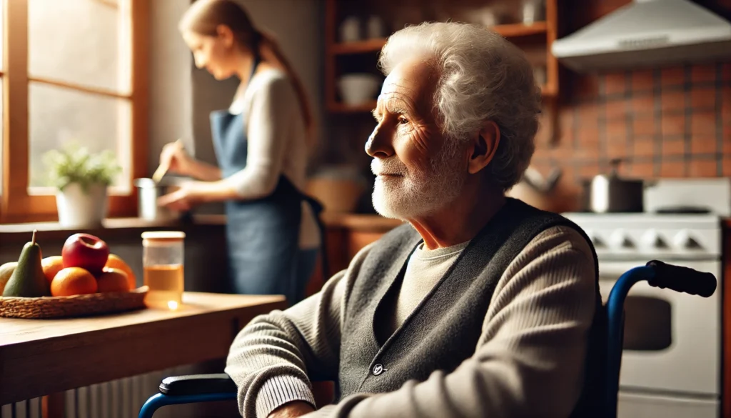 An elderly individual gazing outside with a distant expression, while a caregiver prepares a meal in the background, emphasizing the challenges of advanced dementia.