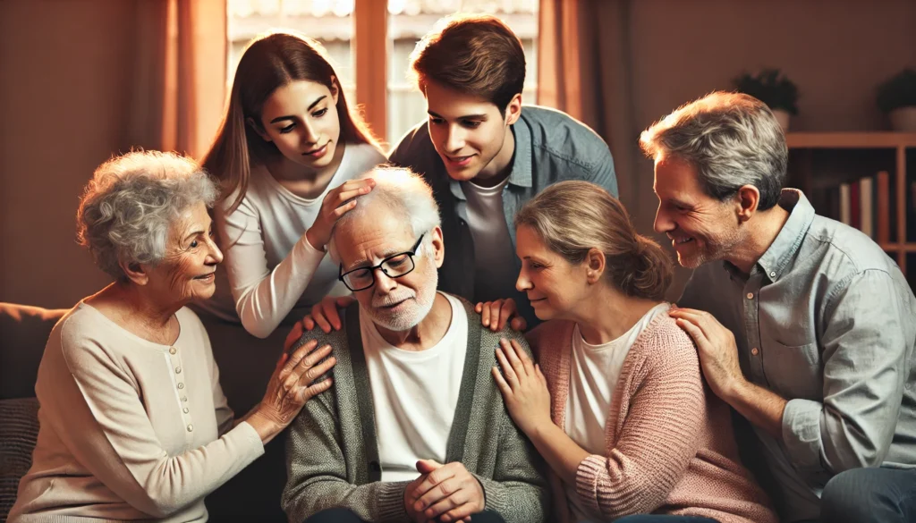 A family surrounding their elderly loved one with late-stage dementia, offering comfort through touch and warm expressions, in an intimate and well-lit living room