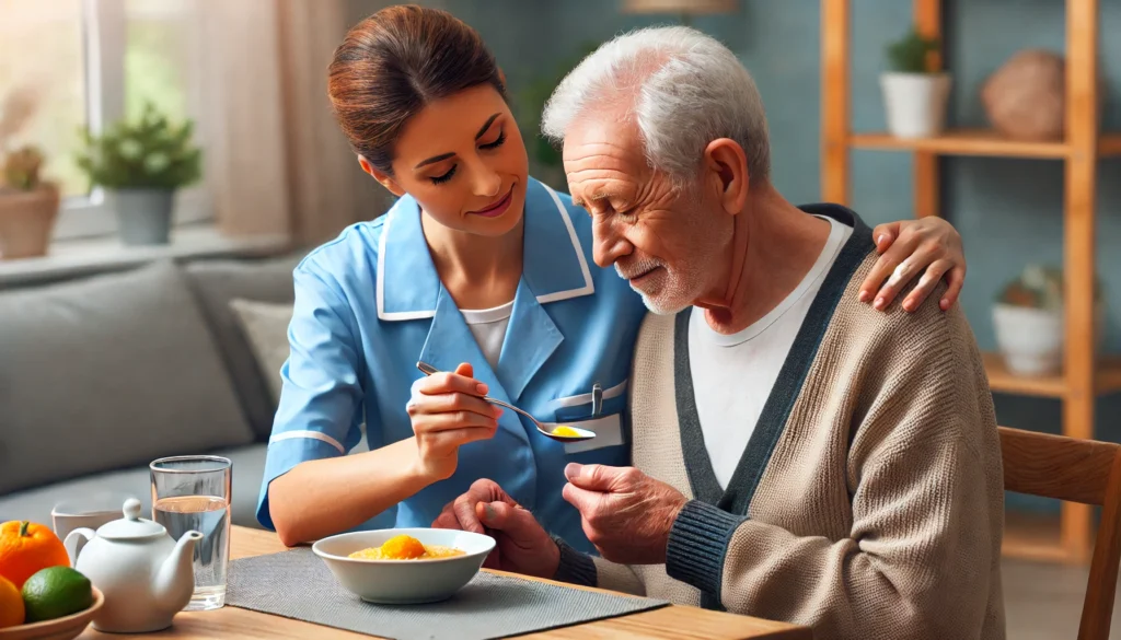 A healthcare worker assisting an elderly individual with dementia who struggles with eating, creating a scene of patience and dignity in a dining area.