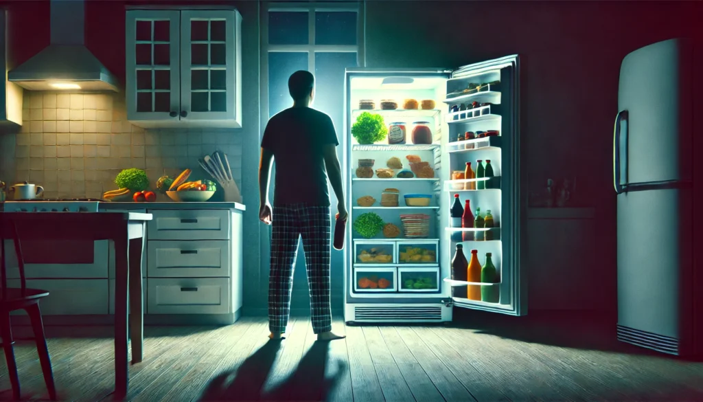 A person experiencing late-night food cravings, standing in front of an open refrigerator filled with various snacks. The dim kitchen lighting highlights the scene, illustrating the link between sleep deprivation and increased appetite. The atmosphere conveys nighttime hunger and impulsive eating habits.