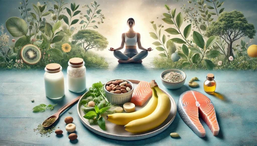 A serene nature scene with a person meditating, a meal with serotonin-rich foods, and a calming background, symbolizing holistic wellness and natural serotonin enhancement.