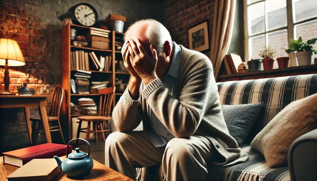 An elderly man sitting in a cozy yet cluttered living room, holding his head in distress. Surrounded by books and personal items, his disconnected expression portrays the emotional distress of anxiety dementia