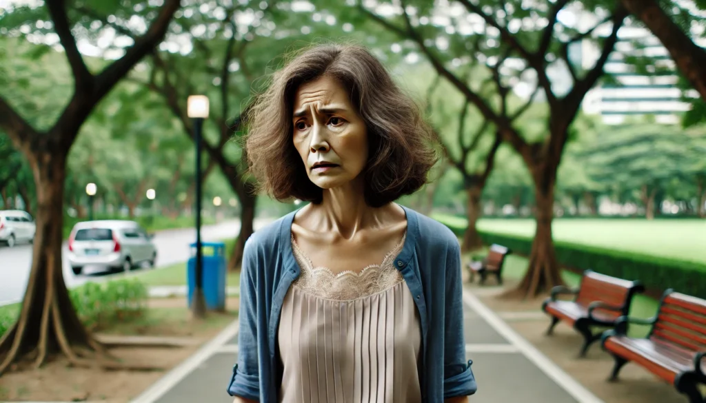 A middle-aged woman walking alone in a park, appearing lost and disoriented. Blurred trees and pathways emphasize her confusion, visually representing the cognitive struggles of anxiety dementia