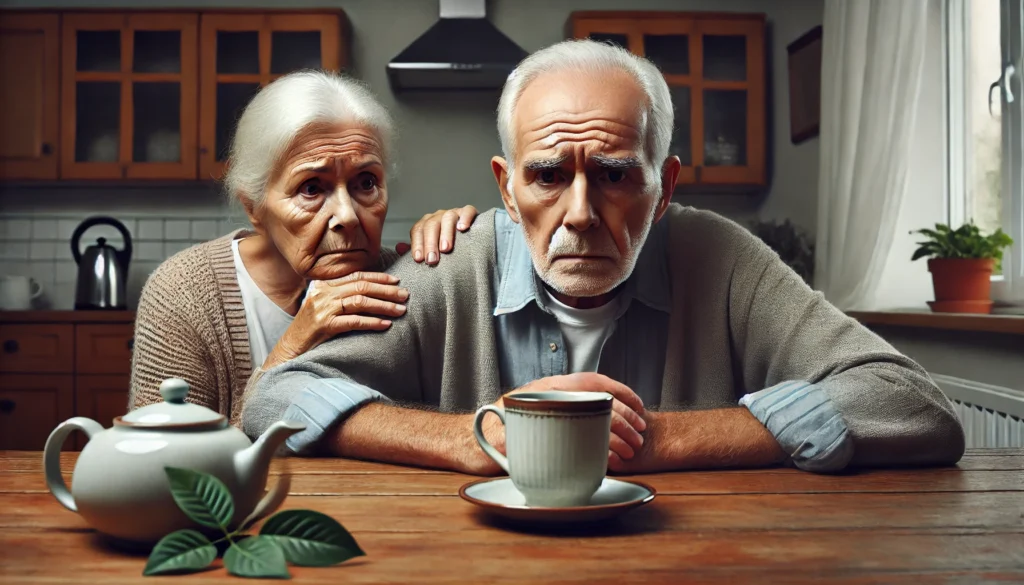 An elderly couple sitting at a kitchen table, one partner looking deeply concerned while the other stares blankly into space. An untouched cup of tea between them symbolizes the emotional impact and relationship challenges of anxiety dementia.