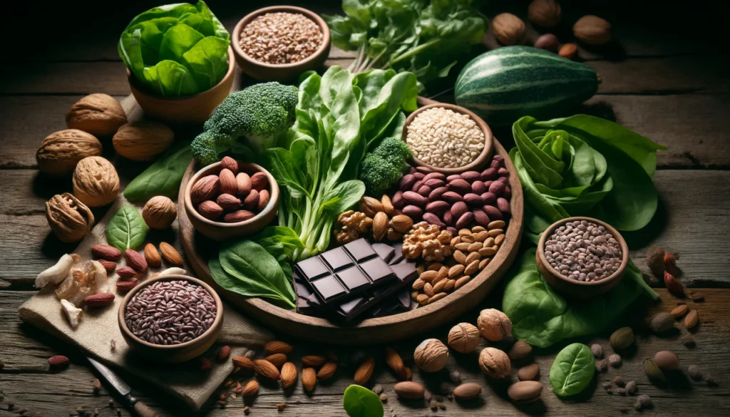 A natural and wholesome display of magnesium-rich foods, including leafy greens, nuts, seeds, whole grains, legumes, and dark chocolate, arranged on a rustic wooden surface with soft natural lighting to highlight their nutritional benefits for brain health and focus.
