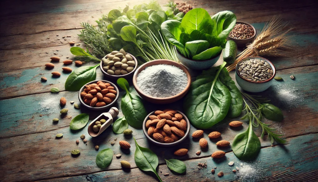 A serene arrangement of magnesium-rich foods, including leafy greens, almonds, seeds, and whole grains, displayed on a rustic wooden table. The image highlights the natural dietary sources of magnesium for brain health.